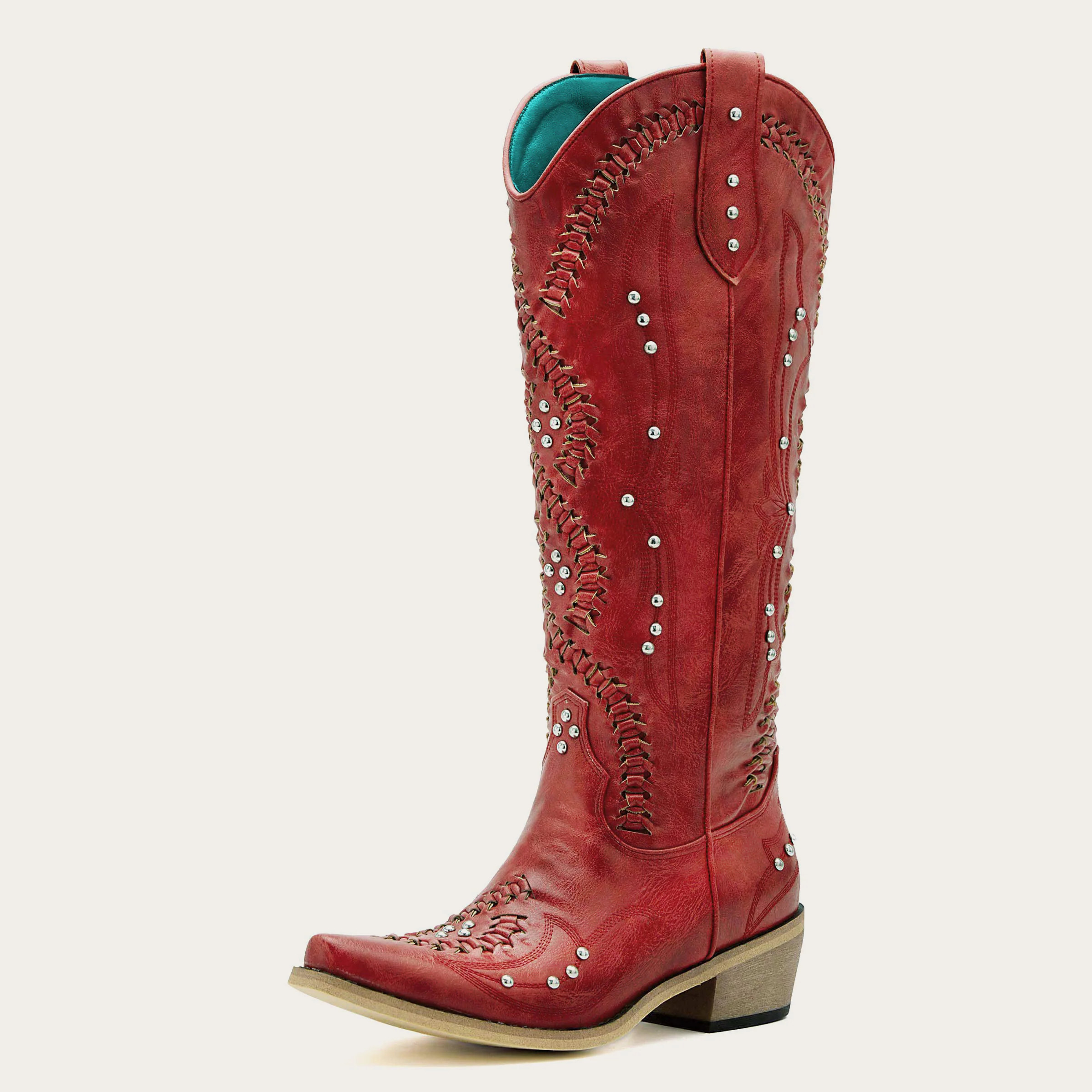 Kitty - Snip Toe Red Women Cowgirl Boots with Cutout Woven Rhinestone | REDTOP