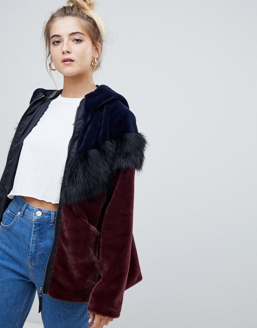 Noisy May faux fur chevron color block coat - Multi | ASOS US