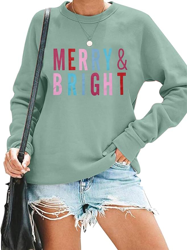 MOUSYA Christmas T-Shirt Women Merry Bright Colorful Letter Printed Sweatshirt Casual Long Sleeve... | Amazon (US)