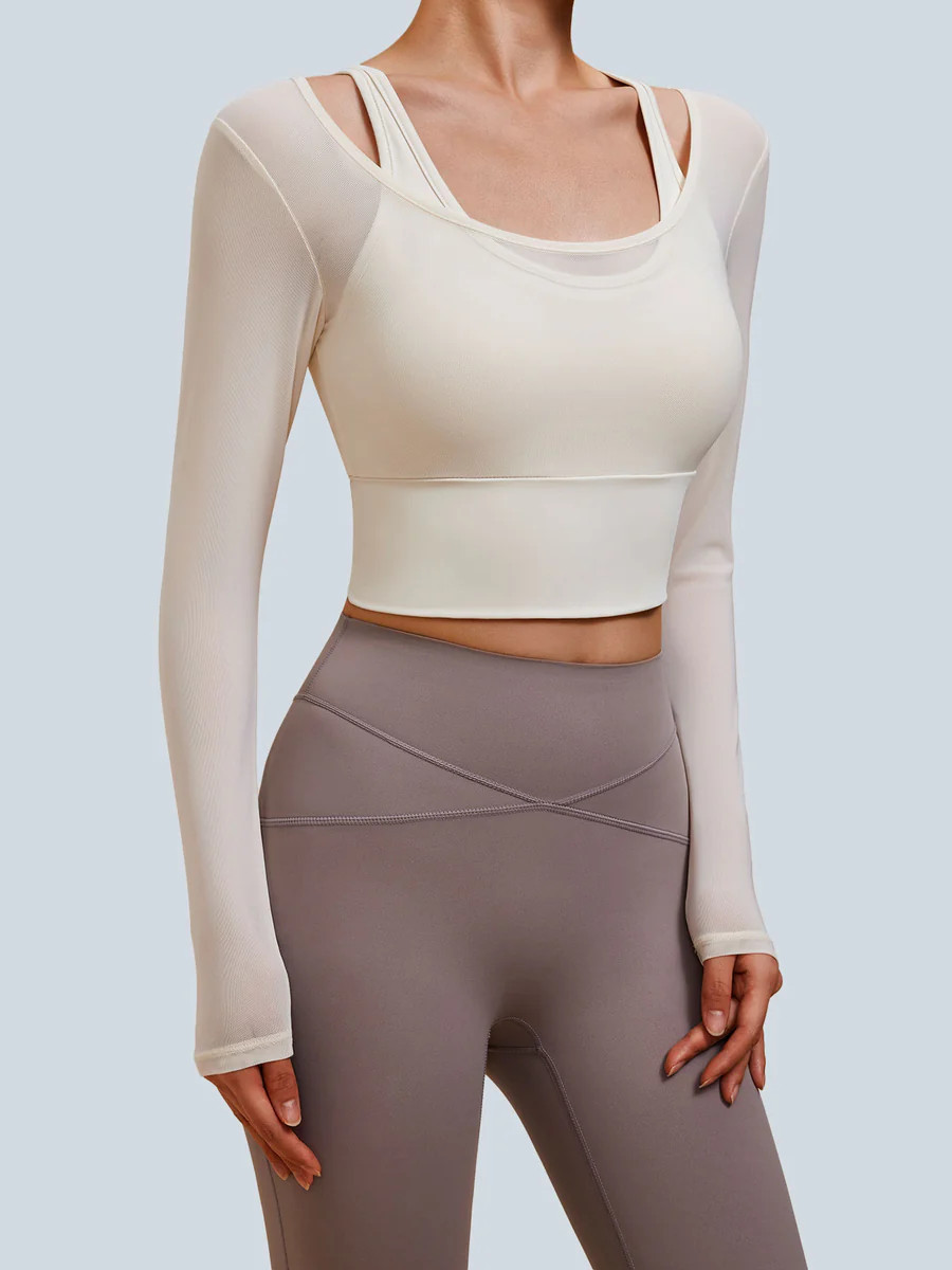 Off White U Neck Long Sleeve Top - Light Support & Reviews - Off White - Sustainable Yoga Tops | ... | BERLOOK