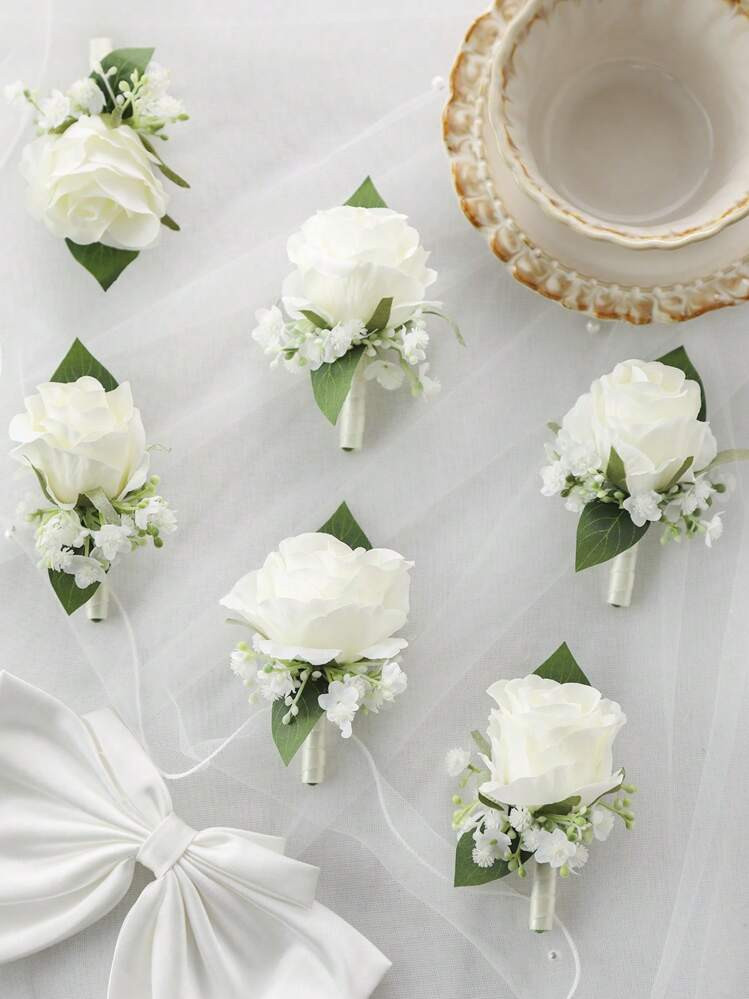 6pcs/1pc White Rose Baby's Breath Boutonniere For Men Wedding,  Elegant Rose Corsage For Groom Gr... | SHEIN