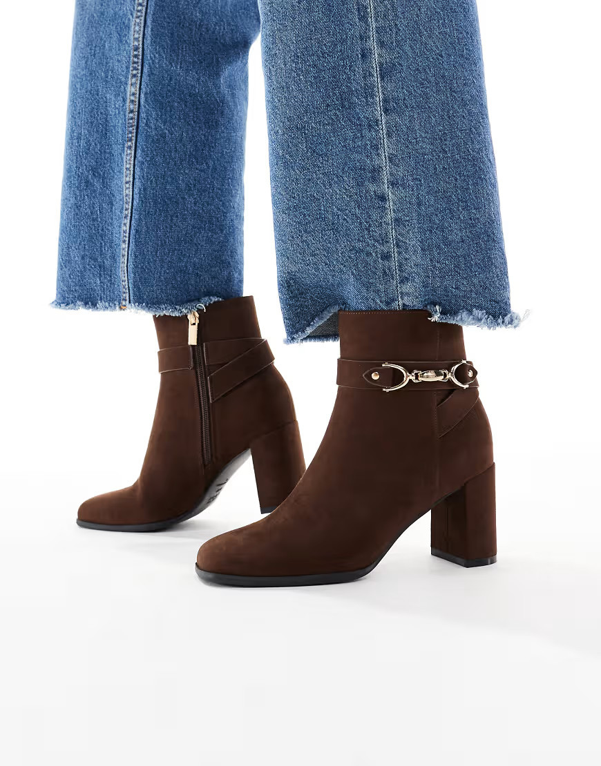 New Look faux suede buckle heeled boots in brown | ASOS (Global)