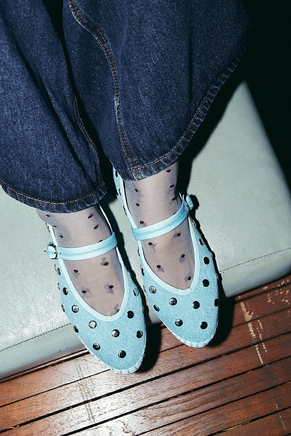 Flabelus Denim Silver Studded Mary Janes Shoe in Light Blue, Women's at Urban Outfitters | Urban Outfitters (US and RoW)