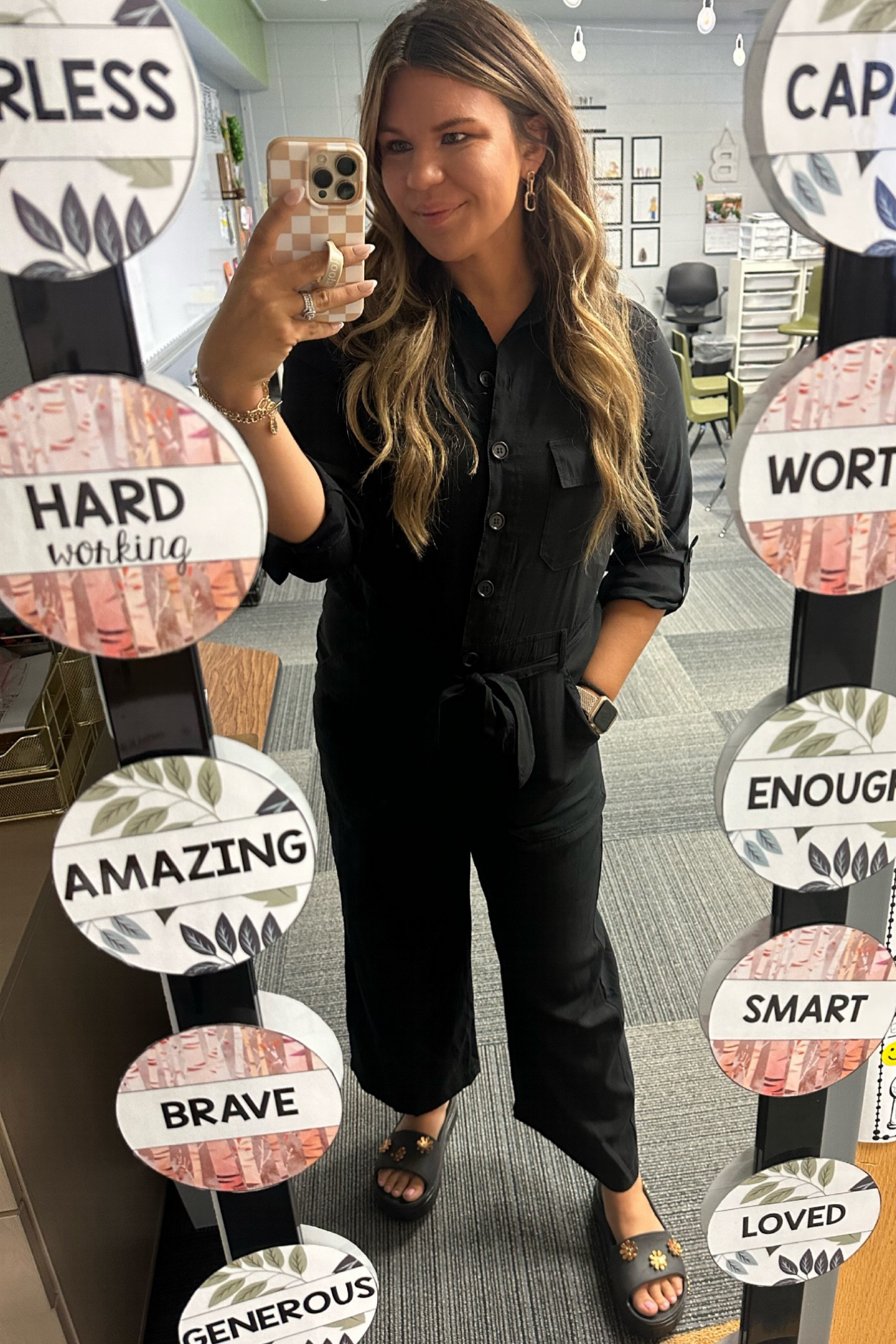 Teacher Outfit
Fall outfit
Fall jumpsuit

Jumpsuit runs TTS. 
Slides are crocs, but they no longer carry them. Linked a similar croc slide  

#LTKstyletip #LTKworkwear #LTKshoecrush