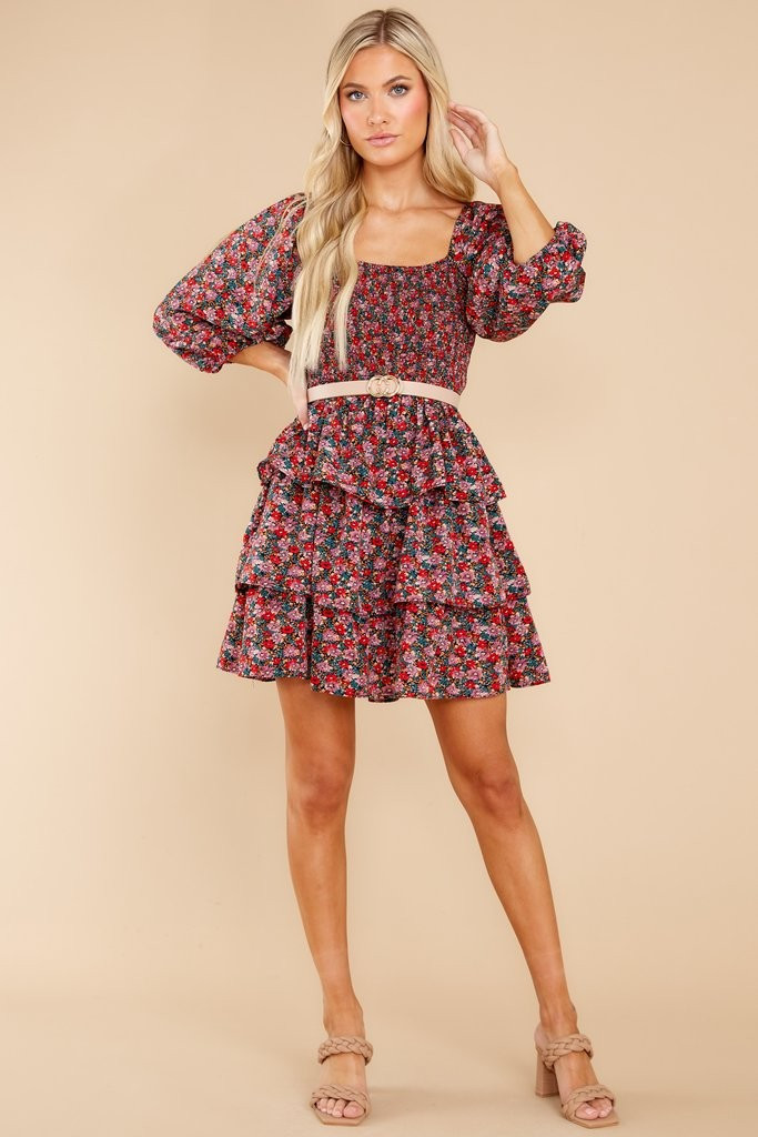 A Flirty Rendezvous Red And Purple Floral Print Dress | Red Dress 