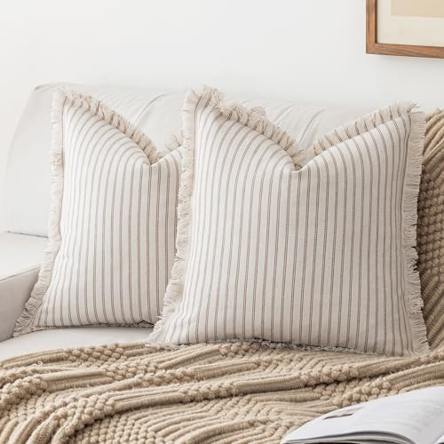 Throw Pillow Covers 20x20 Set of 2 Striped Fringe Pillow Cover Farmhouse Cushion Covers with Tass... | Amazon (US)
