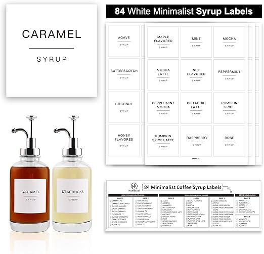 84 Coffee Syrup Labels for Coffee Bar Accessories, Minimalist Fancy Decor for Coffee Station, Ess... | Amazon (US)