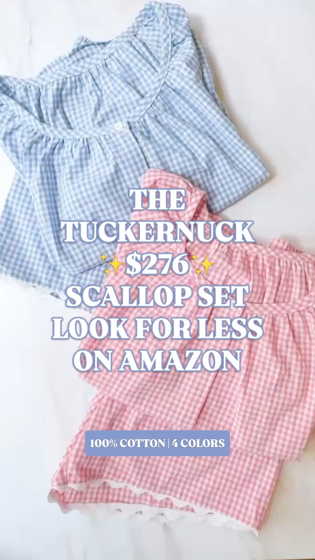 Tuckernuck Tully top look for less | Tuckernuck Ava shorts look for less | gingham matching set | Amazon set

This Amazon gingham matching set is giving the $276 Tuckernuck Tully top and Ava shorts look for less.

The scallop trim, puff sleeves, U-neckline, button front top, elastic waist shorts, pockets, and easy gingham print make it feel like such a strong preppy summer set. It has that sweet, polished Tuckernuck-style energy without the $276 price tag.

It is also 100% cotton, which makes it breathable, soft, and easy for hot weather. Available in 4 colors.

This is the kind of Amazon set that works for summer weekends, beach trips, lake weekends, vacation mornings, coffee runs, errands, casual brunch, resort days, school pickup, and warm-weather plans when you want something cute but still easy.

Wear it together for the full matching set moment, or split it up and style the puff sleeve top with white jeans, denim shorts, linen pants, or a summer skirt. The shorts work with a simple white tank, tee, button down, or swimsuit for beach and vacation outfits.

If you love Tuckernuck looks for less, gingham sets, scallop trim outfits, cotton matching sets, preppy summer outfits, feminine summer style, vacation outfits, Amazon fashion finds, and designer looks for less, this is one of those sets worth checking before the best colors start disappearing.

Tuckernuck Tully top look for less, Tuckernuck Ava shorts look for less, Tuckernuck set look for less, Tuckernuck inspired set, Amazon matching set, Amazon two piece set, gingham matching set, gingham two piece set, scallop trim set, puff sleeve top, scallop shorts, 100 cotton set, cotton matching set, preppy summer outfit, feminine summer set, summer lounge set, beach vacation outfit, casual vacation outfit, Amazon look for less, designer look for less

#LTKFindsUnder50 #LTKFindsUnder100 #PreppyStyle #LookForLess

#LTKTravel #LTKSwim #LTKSeasonal