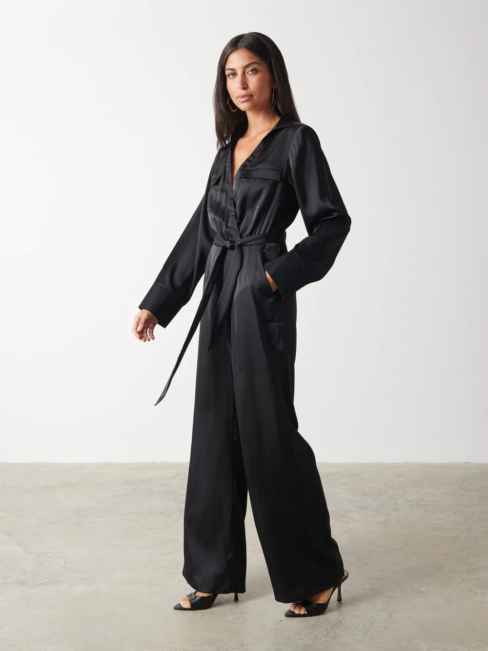 Carmen Satin Jumpsuit - Black | Pretty Lavish (UK)