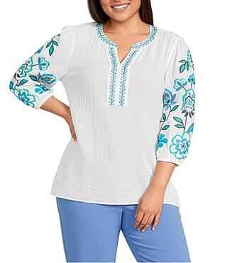 Multiples Plus Size Embroidered Floral Split V-Neck 34 Sleeve Top -  3X | Dillard's