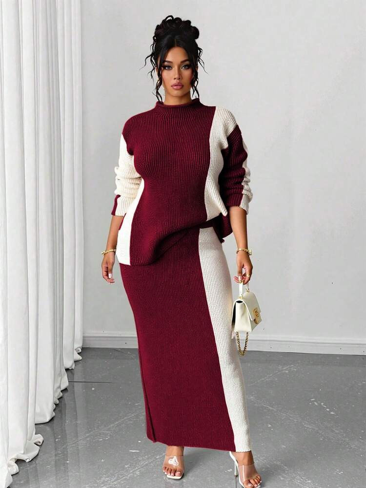 Elenzga Christmas Plus Size Women Fashionable Casual Colorblock Sweater & Skirt Set | SHEIN