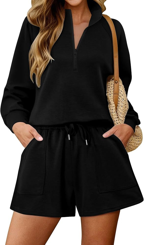 KISSMODA 2 Piece Sets for Women Sweatsuit Casual Tracksuits Long Sleeve Tops and Shorts 2025 Loun... | Amazon (US)