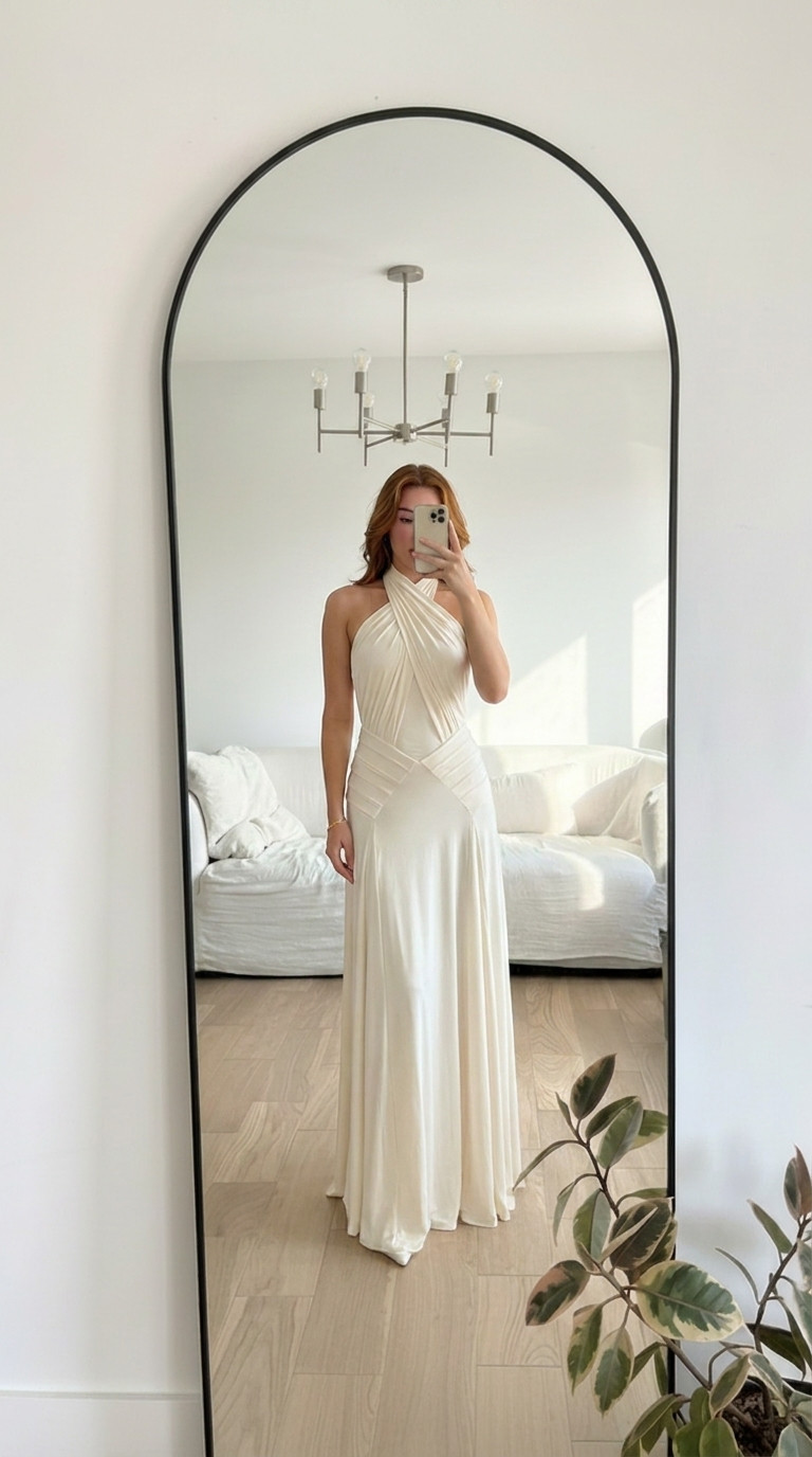 This is quiet luxury BRIDE energy 🤍
The draping, the neckline… it’s giving effortlessly expensive.

Perfect for:
• rehearsal dinner
• engagement photos
• chic city bride

Featuring: draped halter maxi dress, minimalist bridal style, elevated neutral look

#minimalbride #luxurybridal #rehearsaldinnerdress #meshki #bridestyle 

 #LTKWedding