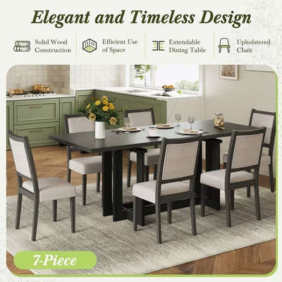 Whisen 7-Piece Rustic Extendable Dining Table Set, 82" Trestle Kitchen Table & 6 Upholstered Dining Chairs with Rubber Wood Legs - Grey & Beige | Target