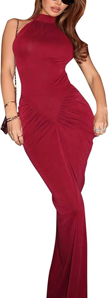 Halter Maxi Dresses for Women Sexy Bodycon High Split Cocktail Long Ruched Dress Party Club Outfi... | Amazon (US)