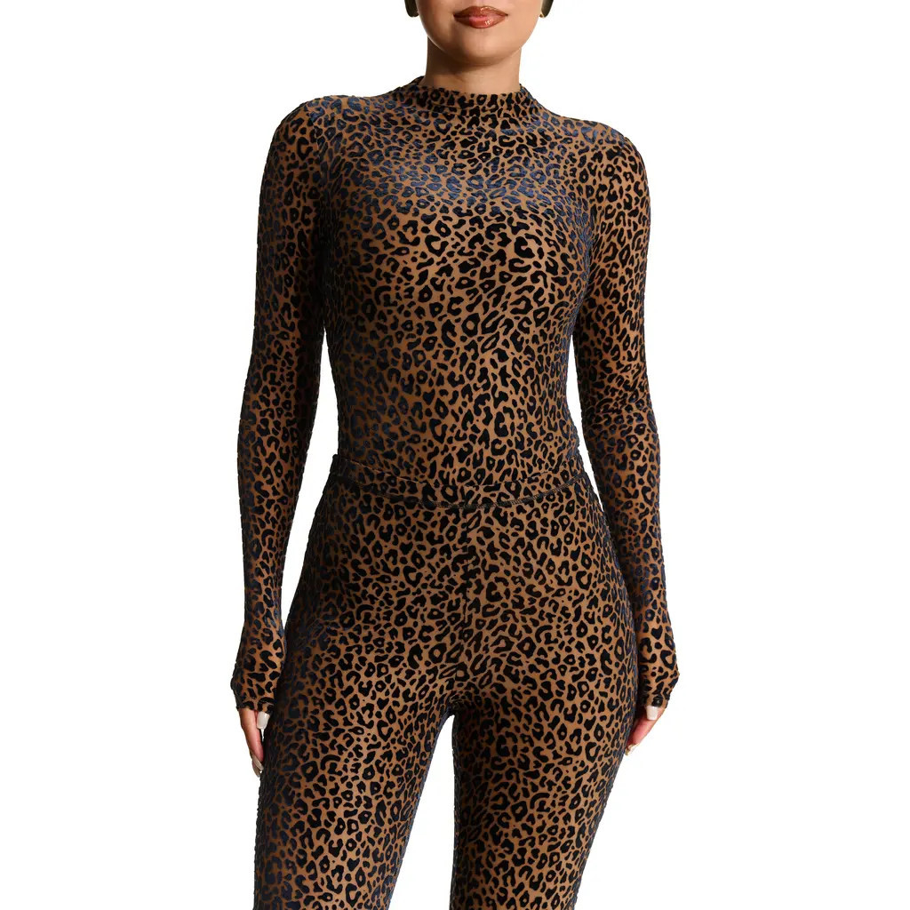 Naked Wardrobe Burnout Velvet Long Sleeve Bodysuit in Leopard Nude at Nordstrom, Size X-Large | Nordstrom