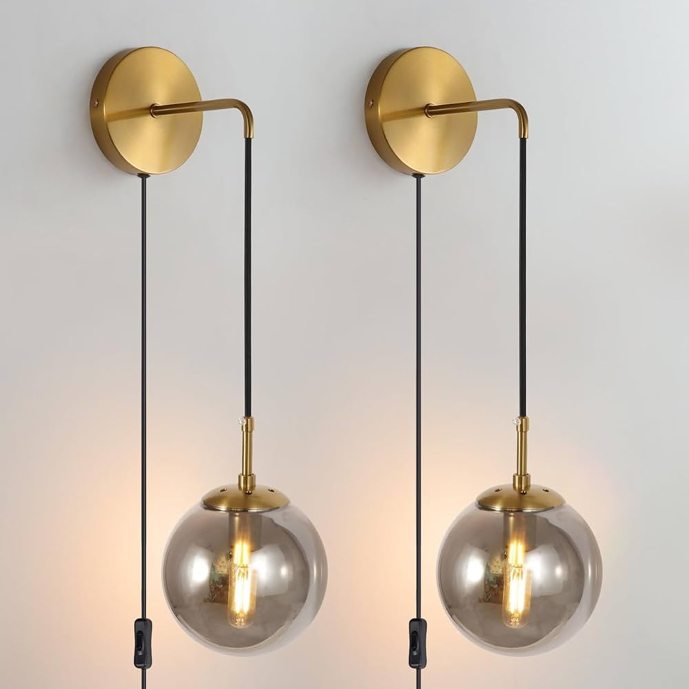 Wall Sconces Set of Two Plug in Wall Sconces 🔥🔥🔥 with Globe Smoke Grey Glass Shade Wall ... | Amazon (US)