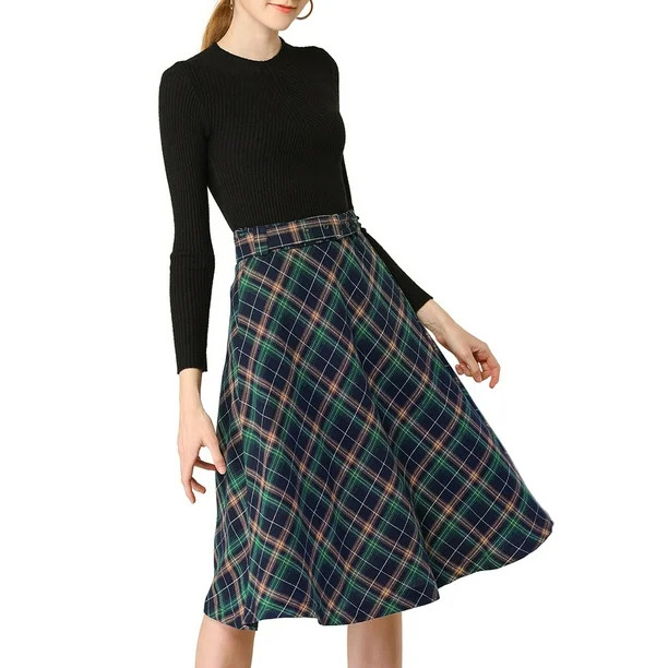Women's Plaid High Waist Belted Vintage A-Line Midi Skirt | Walmart (US)