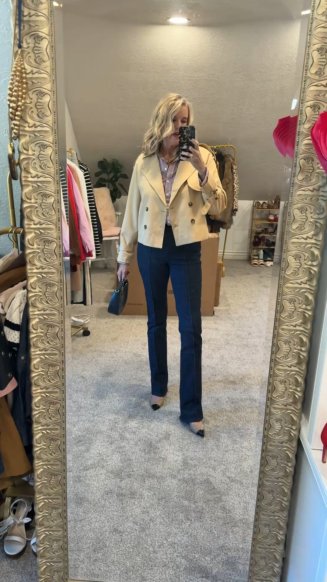 Spanx burgundy pinstripe button up shirt! Fits tts 
Save 15% with code Deardarcyxspanx 

Dark denim pull on jean with tummy control and slight flare

Save 15% off with Deardarcyxspanx 

#1.Cropped trench coat Amazon find  tts and such great quality 
Tts in a med

Alley leather captor block heals 
Tts 

Chicos leather bag 

#LTKFindsUnder100 #LTKOver40 #LTKStyleTip