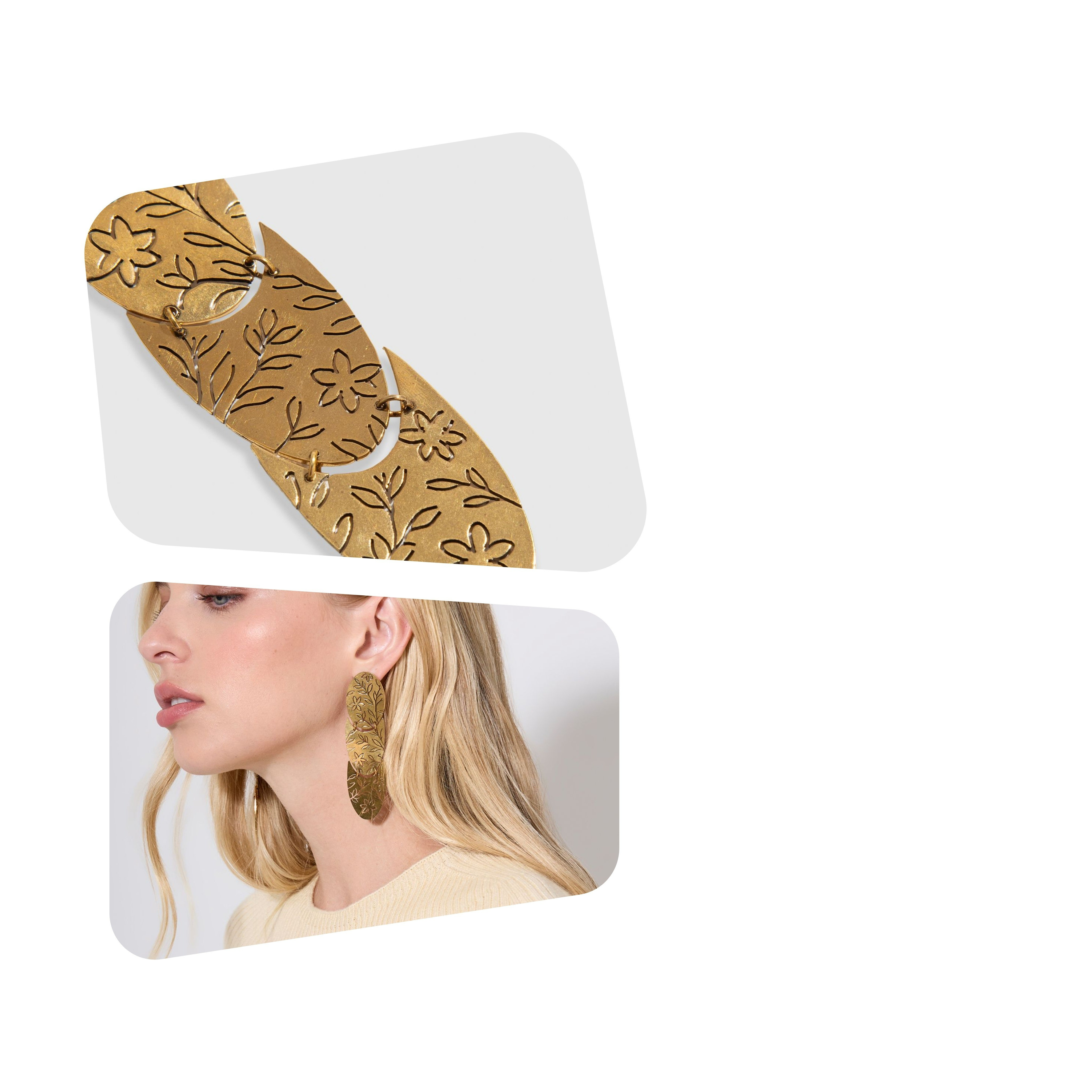 Com estética refinada e destaque no visual, o Brinco Kinsley é a escolha certa para transformar produções, acrescentando um ar moderno e elegante à composição. O Brinco é confeccionado em metal com banho dourado, possui chapas alongadas com gravação floral na superfície, comprimento alongado e fechamento posterior por tarraxa.

#LTKdicadeestilo