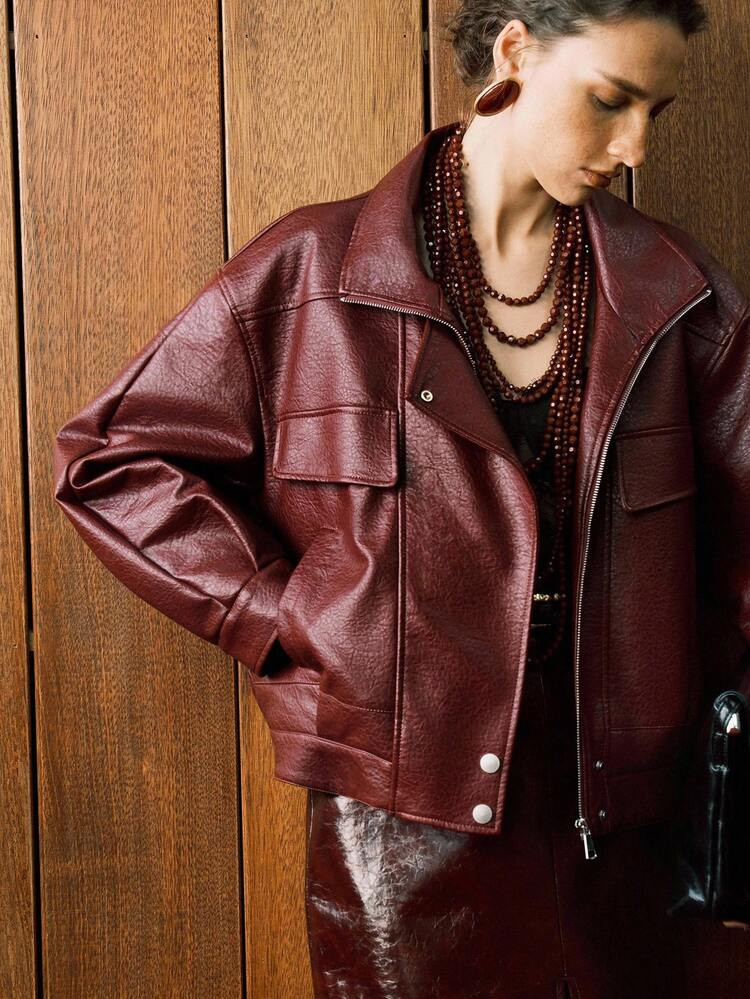 Maroon Leather Jacket  | SHEIN