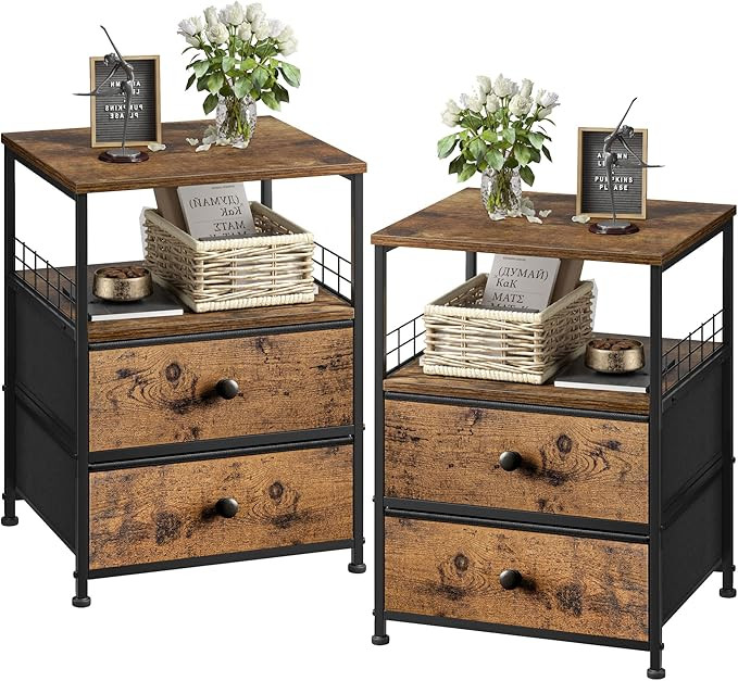 EnHomee Nightstand Set of 2, Bedside Table with Fabric Drawers and Open Wood Shelf Storage, Indus... | Amazon (US)