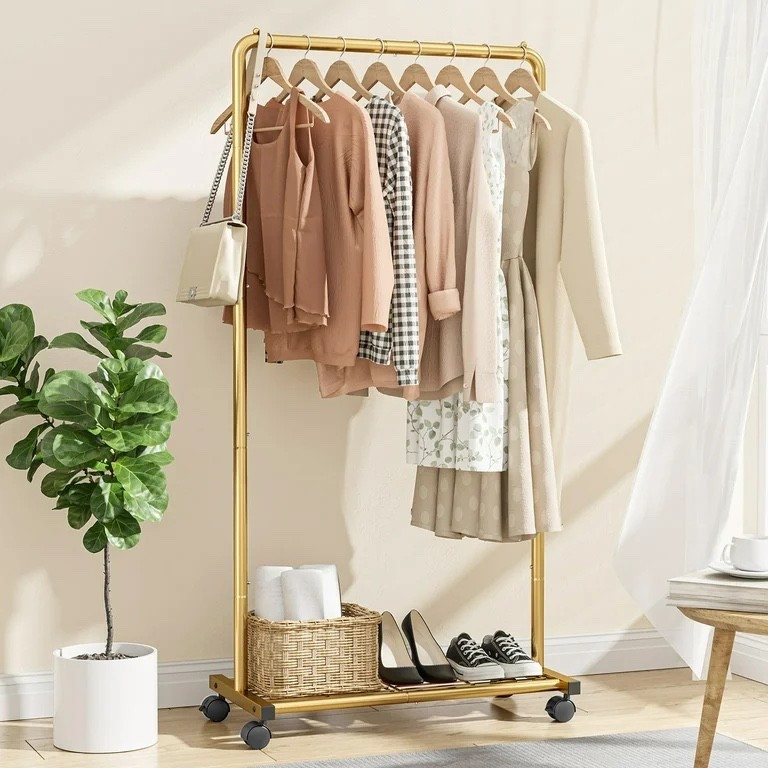 Sakugi Clothes Rack with Wheels, Clothing Racks for Hanging Clothes and Shoes, Gold