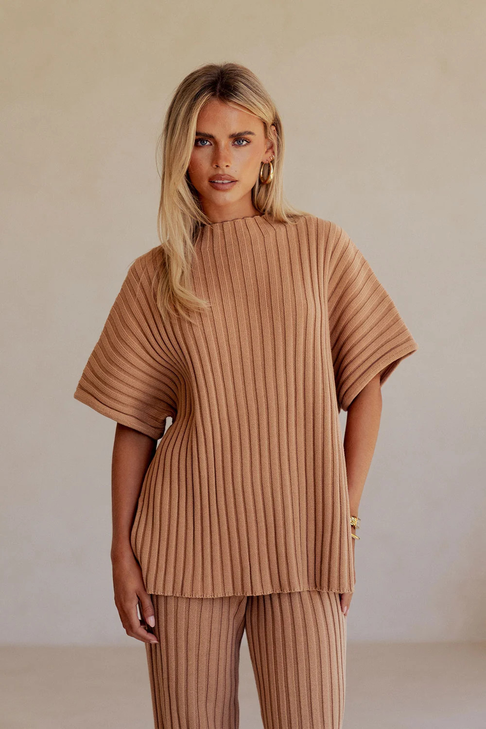 Apricot Ribbed Knit Relaxed Celine Top | Sabo Skirt US