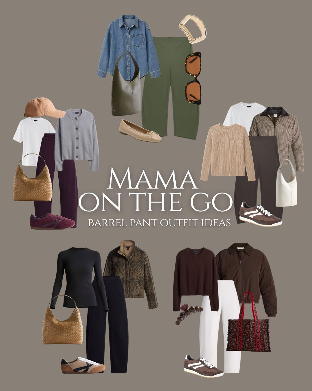 Mama on the go. Barrel pant outfit ideas for busy days!