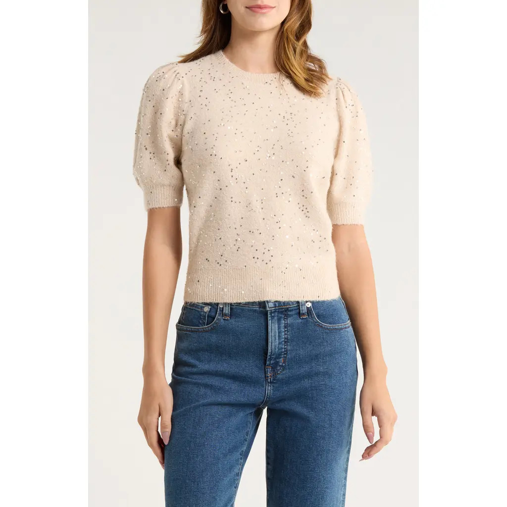 PAIGE Gladiolus Sequin Embellished Crewneck Sweater in Soft Pink at Nordstrom, Size Xx-Small | Nordstrom