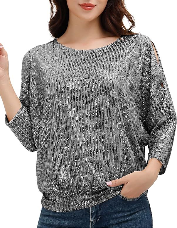 JASAMBAC Women's Sparkle Sequin Tops Shimmer Glitter Loose Cold Shoulder Party Tunic Batwing Dolman  | Amazon (US)