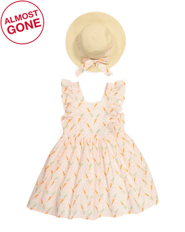 Girls Sleeveless Carrot Printed Dress Ruffles And Straw Hat | TJ Maxx