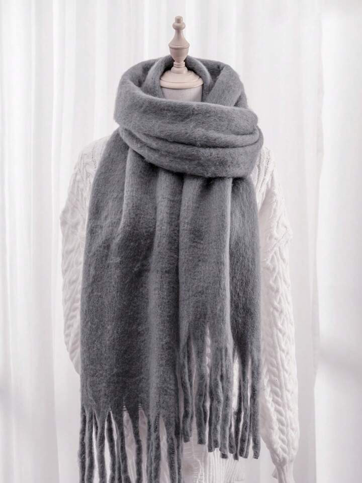 1pc Solid Color Scarf, Winter Warm Neck, Thickened Wool Knitted Thick Fringed Shawl, Can Be Worn | SHEIN