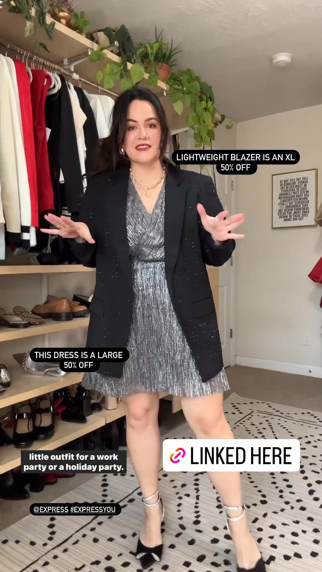 Midsize holiday party outfit express 50% off sale 
Wearing a large in this metallic long sleeve dress 
Xl in this rhinestone blazer 
Heels are tts 

#LTKHoliday #LTKmidsize #LTKparties