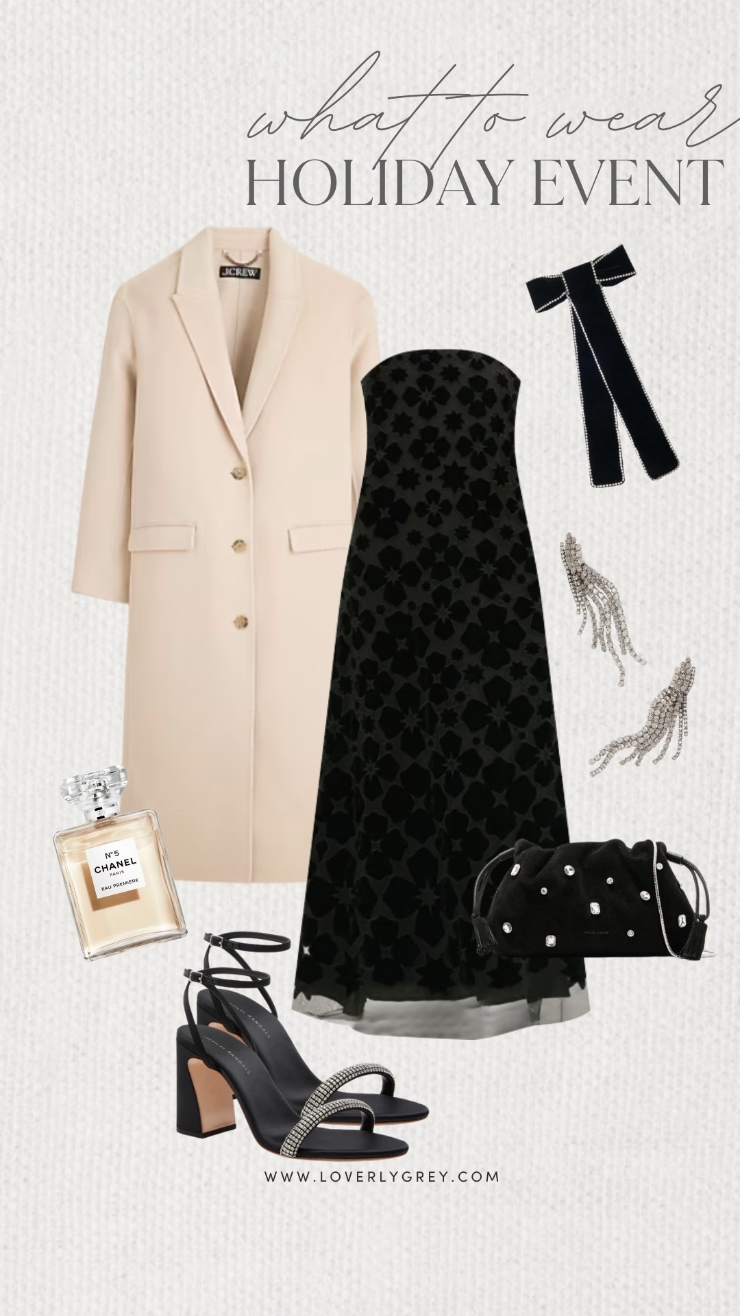 Loverly Grey, what to wear to a holiday event. I love this strapless patterned black dress from Tuckernuck. I’d pair it with a long J.Crew coat, black heels, and a bow for the hair. I’d add sparkly earrings and a fun purse to complete the look! Loverly Grey, what to wear, holiday event 

#LTKgrwm #LTKSeasonal #LTKHoliday