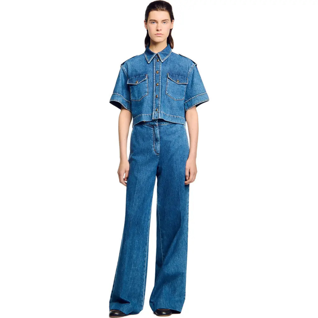 SANDRO Cropped denim shirt in Blue Jean at Nordstrom, Size X-Large | Nordstrom