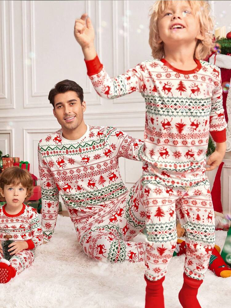 3pcs/Set Kids Boys Reindeer & Christmas Tree Print Crew Neck Long Sleeve T-Shirt And Soft Pajama Pants Sleepwear Set, Casual Homewear, Autumn/Winter | SHEIN