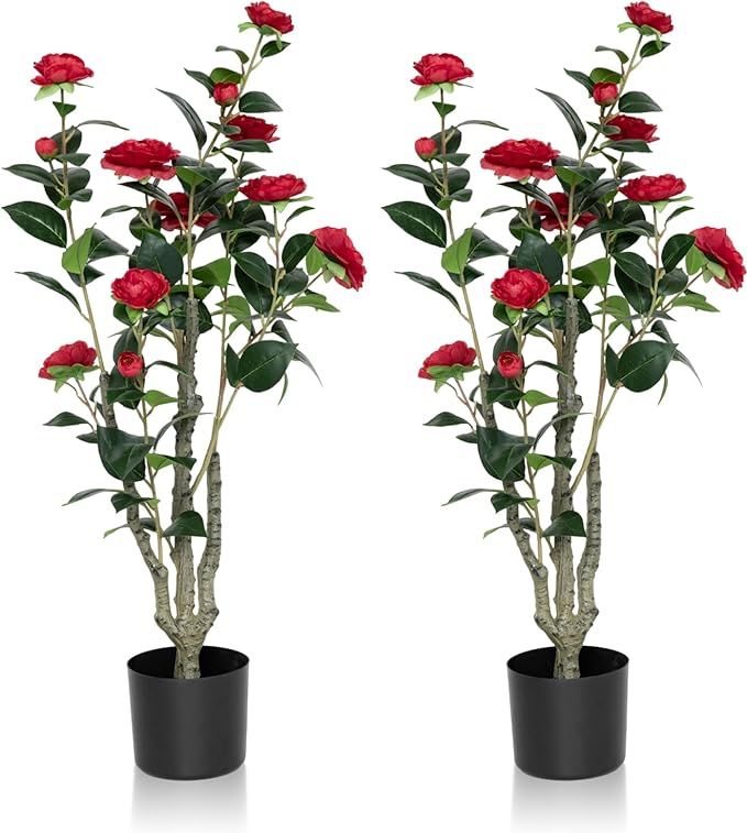 2Pack Artificial Camellia Tree 3FT, Red Faux Camellia Plant Fake Potted Camellia Flower Tree Plas... | Amazon (US)