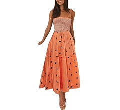 Womens Boho Long Summer Dresses Casual Beach Vacation Sun Dress Spaghetti Strap Flowy Embroidered... | Amazon (US)