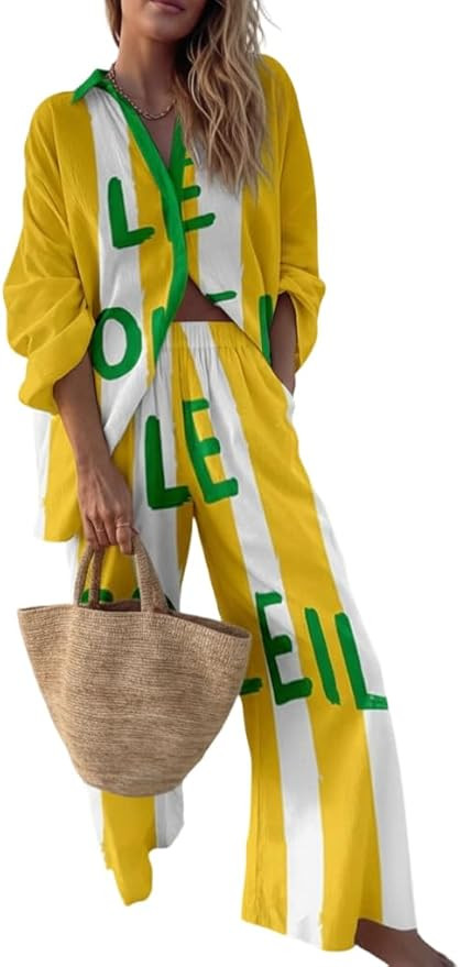 Women's 2-Piece Long Sleeve Shirt & Wide-Leg Pants Set Loose Print Outfit for Beach Vacation & Ca... | Amazon (US)