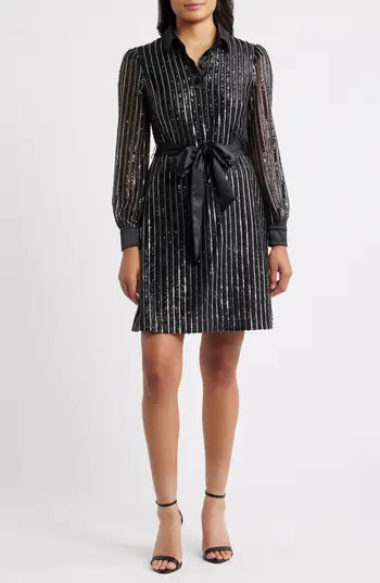 Eliza J Sequin Stripe Long Sleeve Belted Shirtdress in Black Silver at Nordstrom Rack, Size 4 | Nordstrom Rack