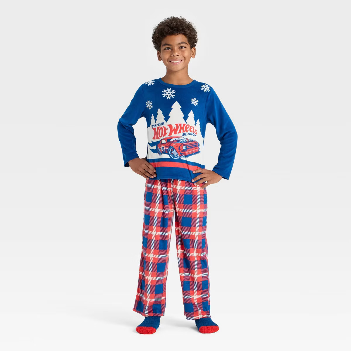 Boys' 2pc Hot Wheels Holiday Cozy Pajama Set with Socks - Navy Blue | Target
