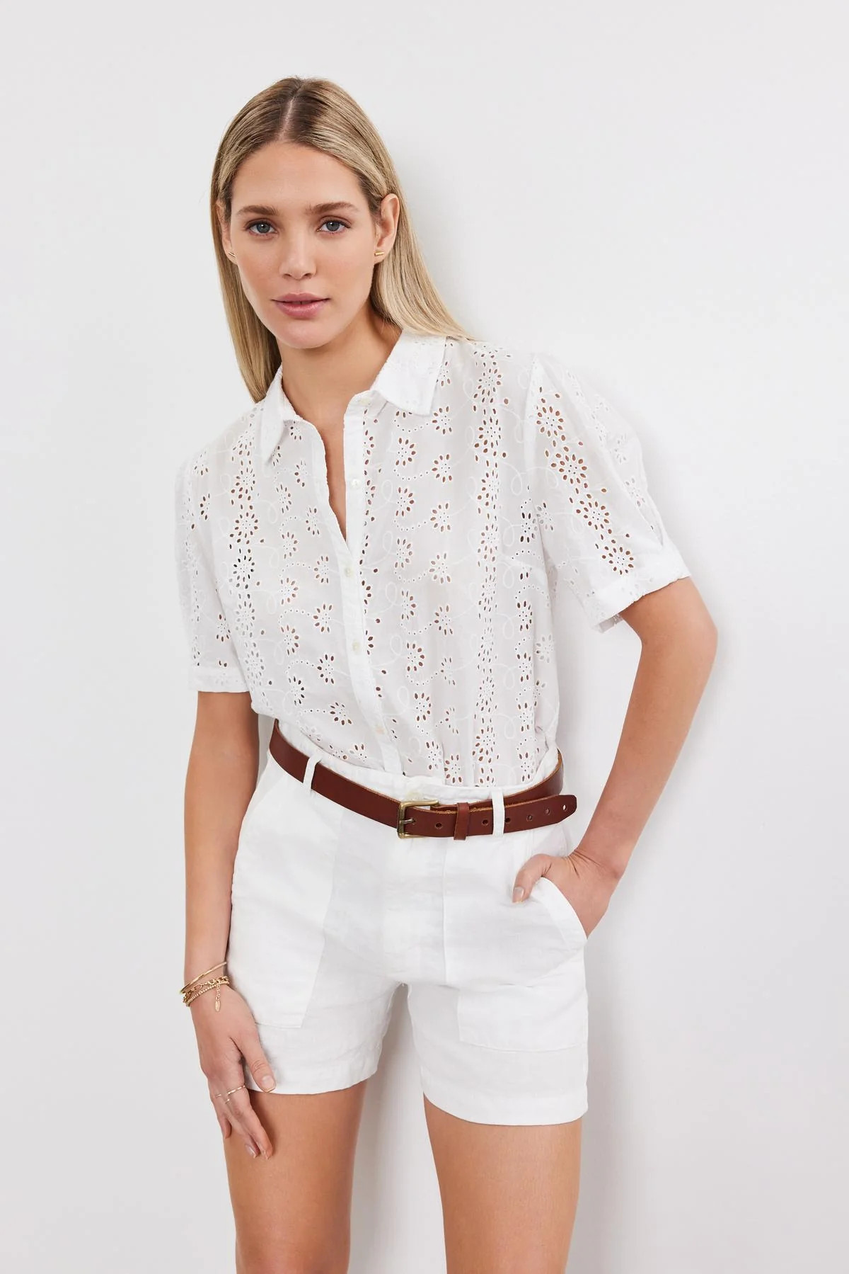 OLIVIA COTTON EYELET BUTTON-UP BLOUSE | Velvet by Graham & Spencer