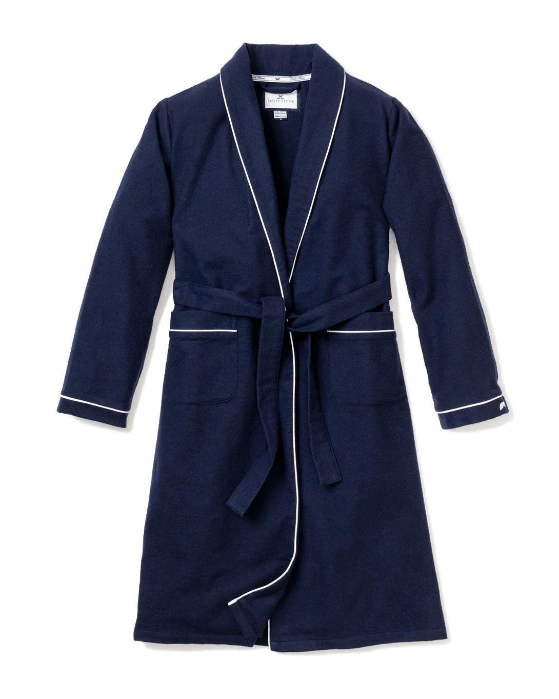 Men's Flannel Robe in Navy with White Piping | Petite Plume