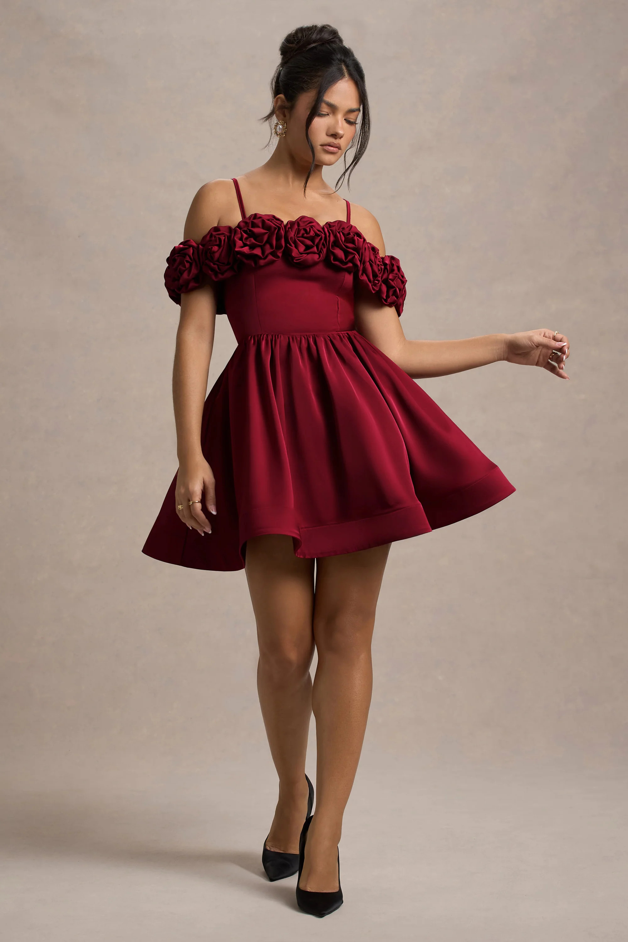 Poppy Dream | Berry Satin Floral Skater Mini Dress | Club L London