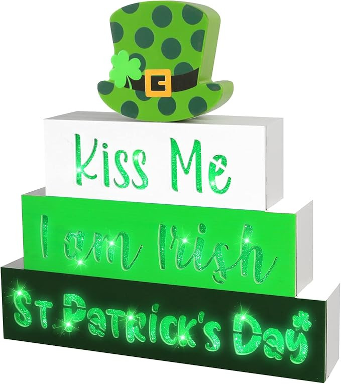 St Patricks Day Decorations Wooden Block Sign with Led Lights Light up Wood Sign Decor for Table ... | Amazon (US)