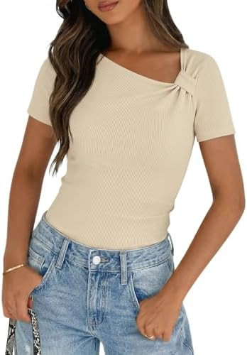 MEROKEETY Women's Summer Asymmetrical Short Sleeve Tops 2026 Casual Dressy Ruched Fitted Y2K Goin... | Amazon (US)