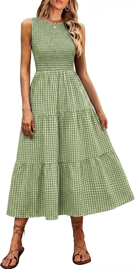 ANRABESS Women's Summer Casual Maxi Dress Sleeveless Crewneck Smocked 2026 Flowy Plaid Tiered Boh... | Amazon (US)