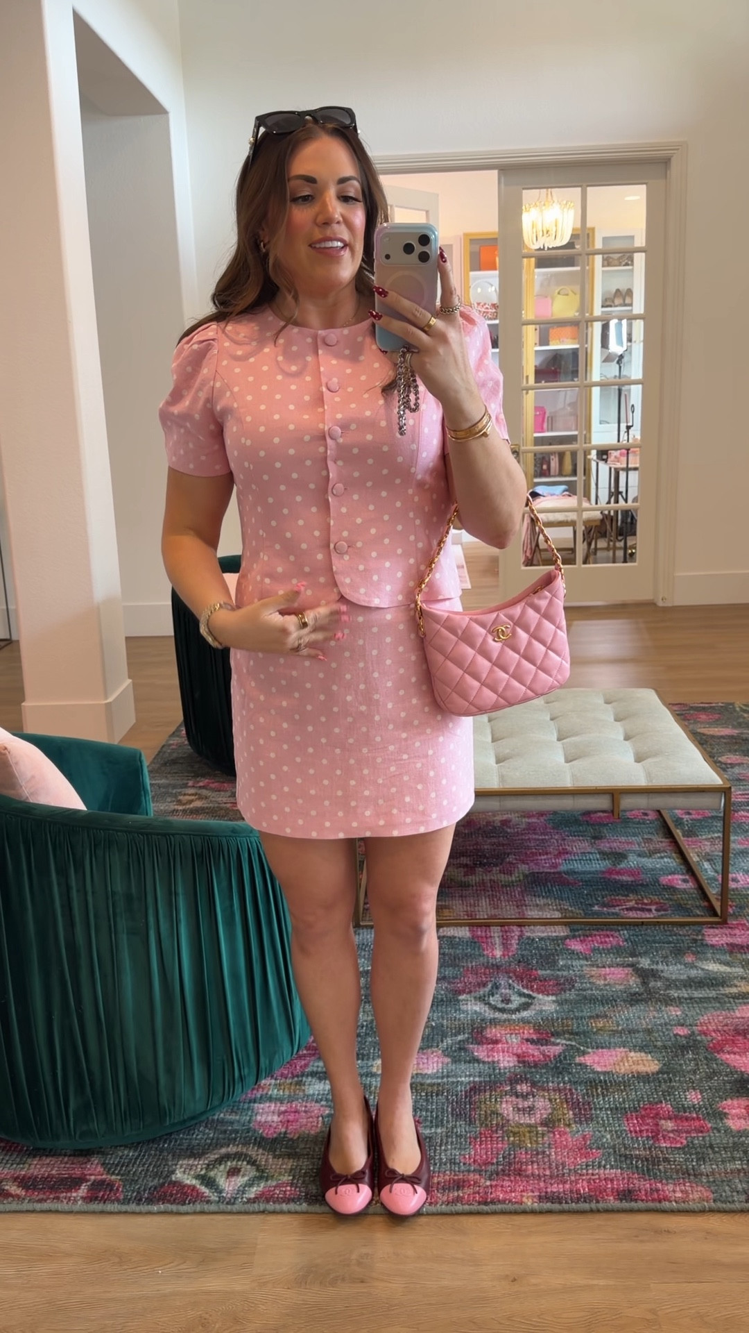 curvy midsize pink polka dot set for spring! in the large in top and skirt. sunglasses, bag, and ballet flats are Chanel! 

#LTKSeasonal #LTKMidsize