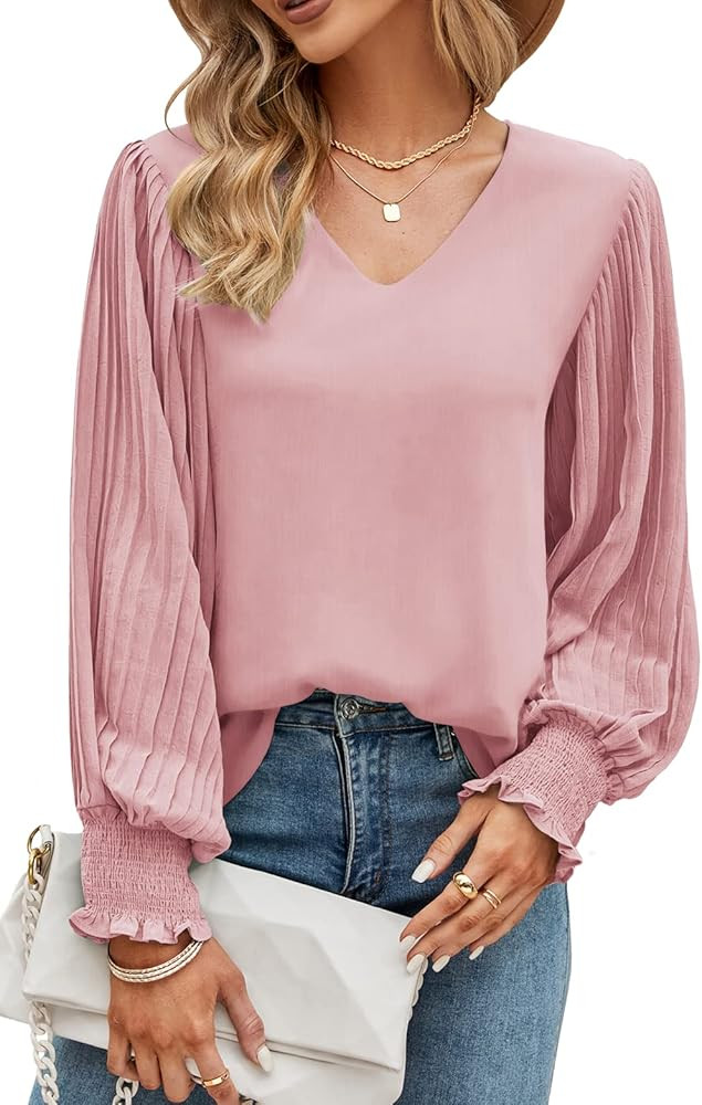 Aifer Womens V Neck Chiffon Blouses Pleated Lantern Sleeve Flowy Dressy Tops Elegant Business Cas... | Amazon (US)